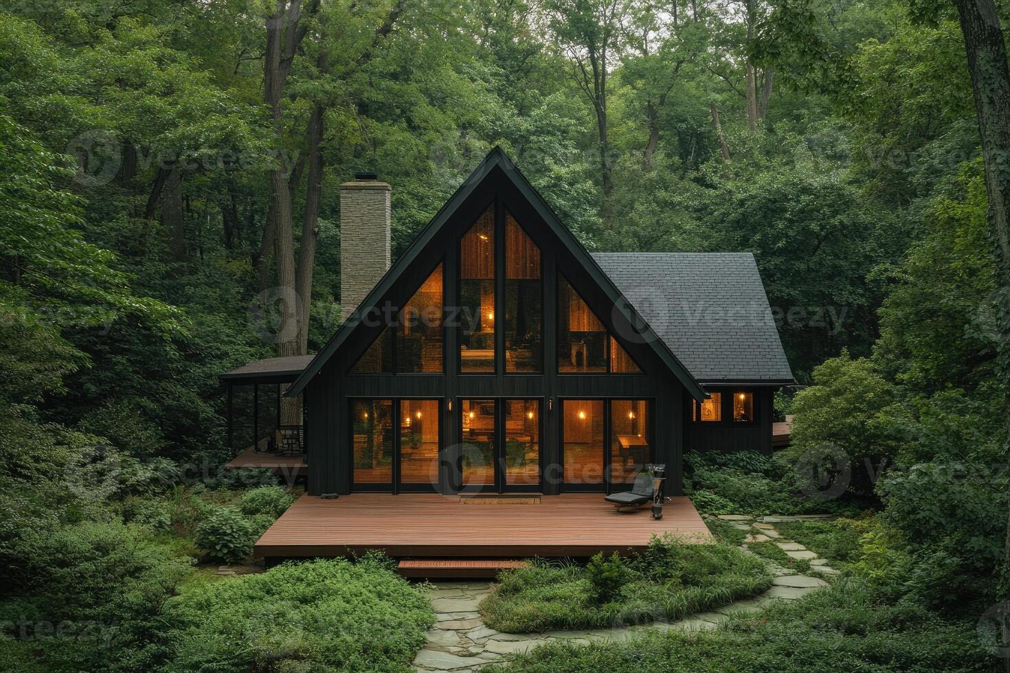 Modern a-frame cabin nestled in lush forest at dusk photo