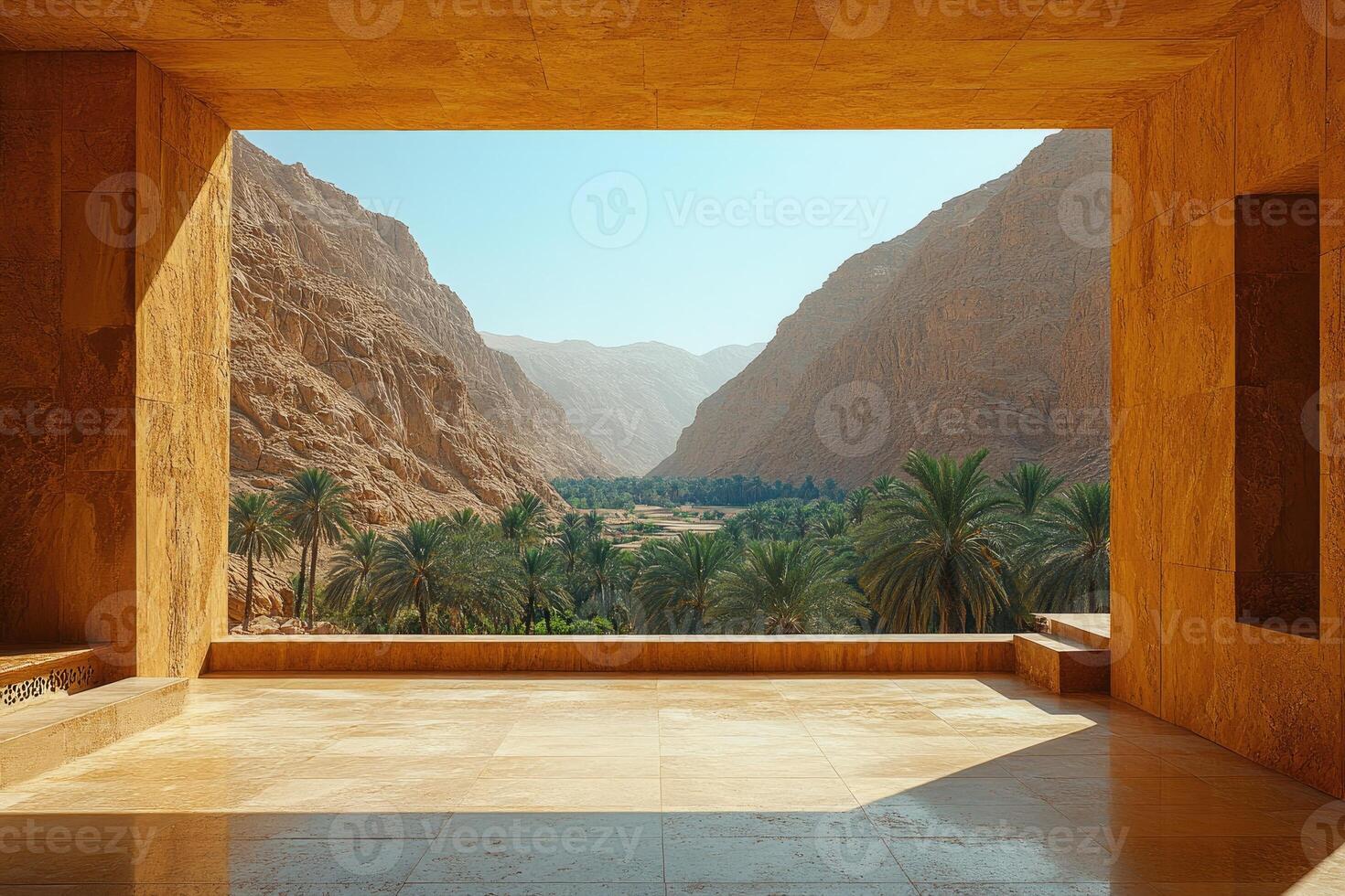 Modern architecture framing scenic desert oasis with palm trees and mountains photo
