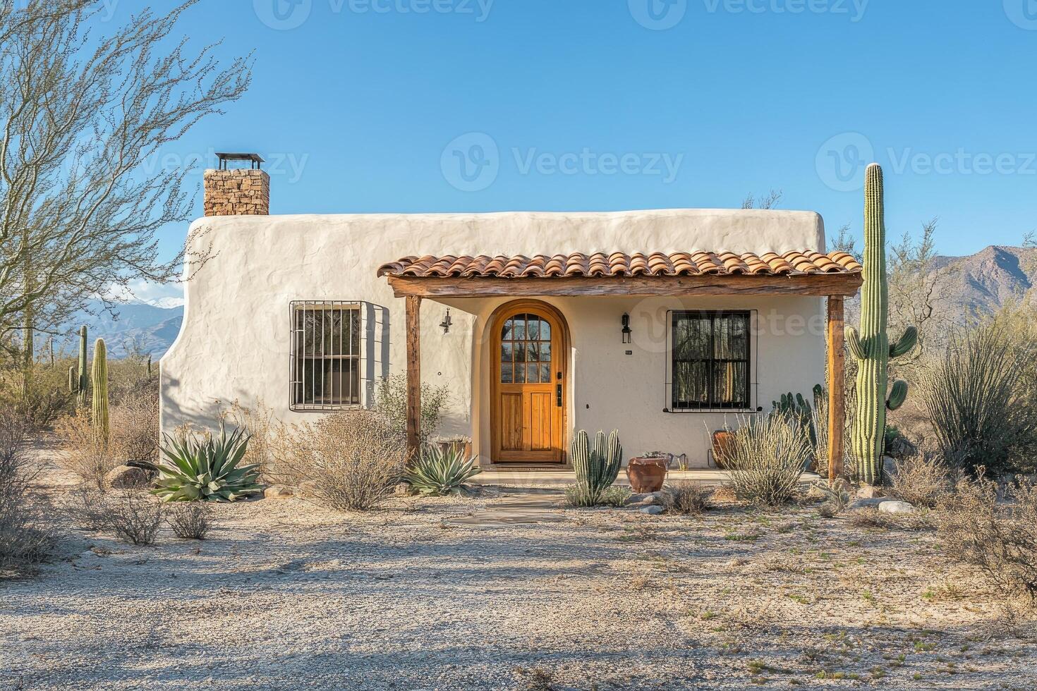 Charming adobe house in desert landscape with cacti photo