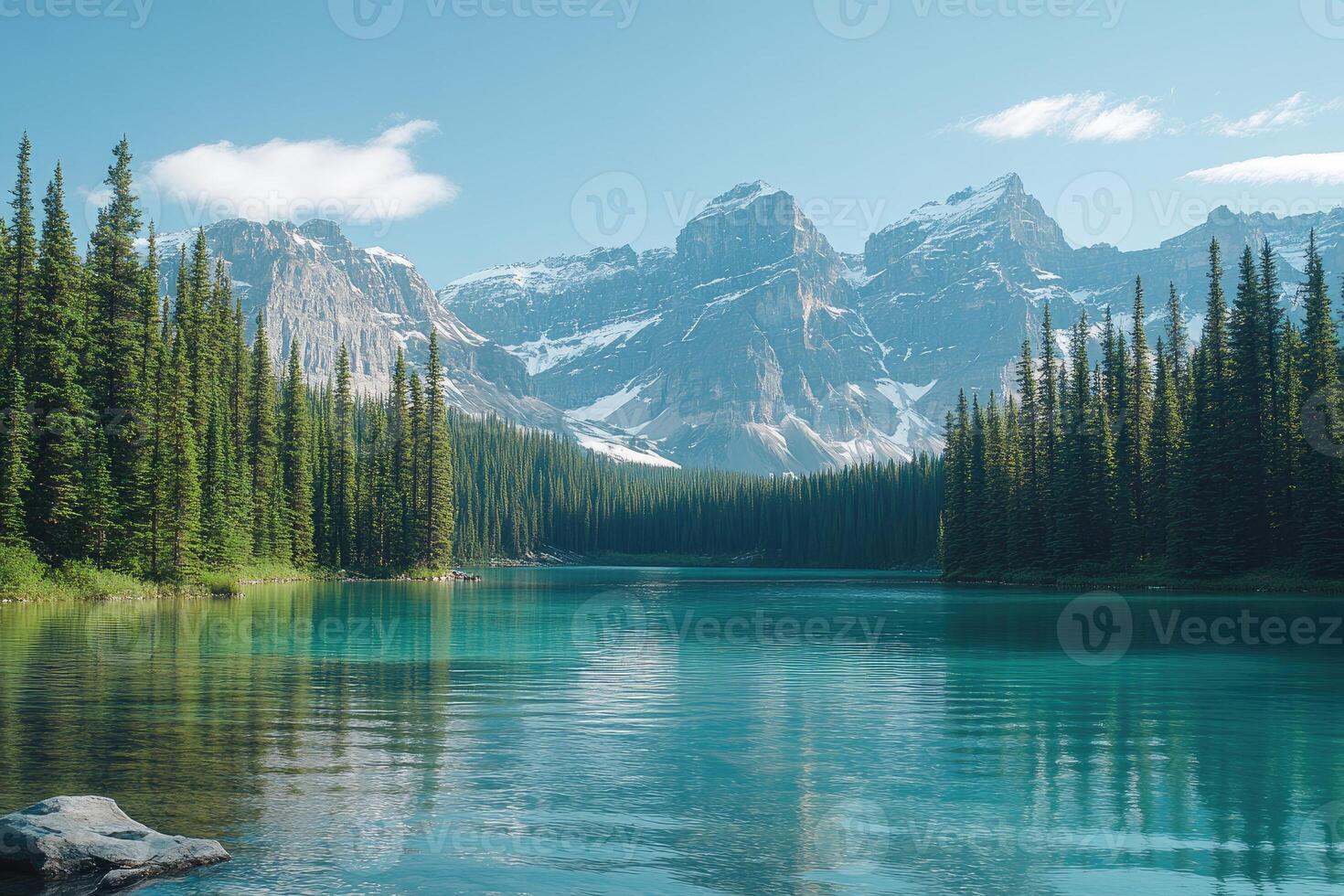 Moraine lake reflecting snowy mountains and pine trees in banff national park photo