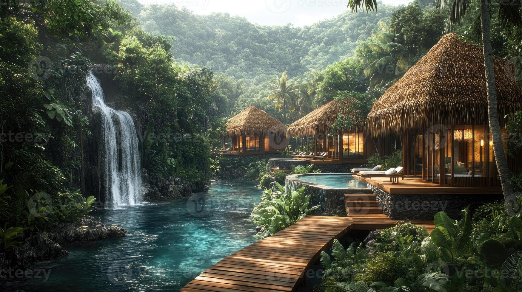 Luxurious tropical resort with stunning waterfall view. photo
