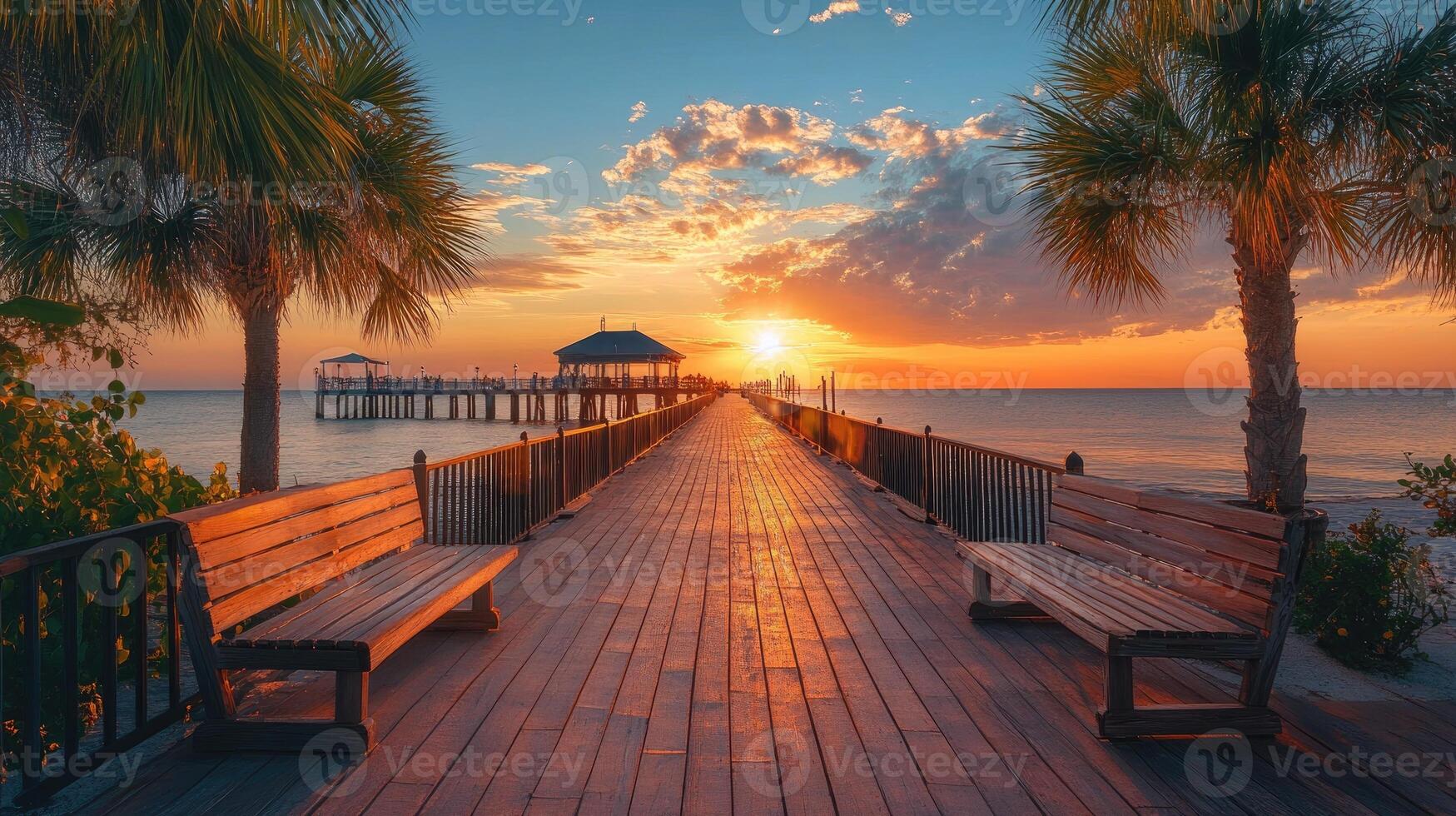 Naples pier extending into the ocean at sunset with benches and palm trees photo