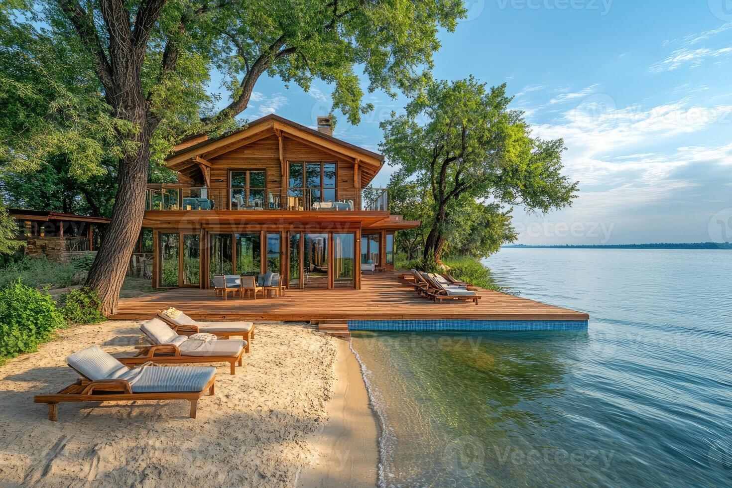 Luxurious lakeside cabin with spacious deck photo