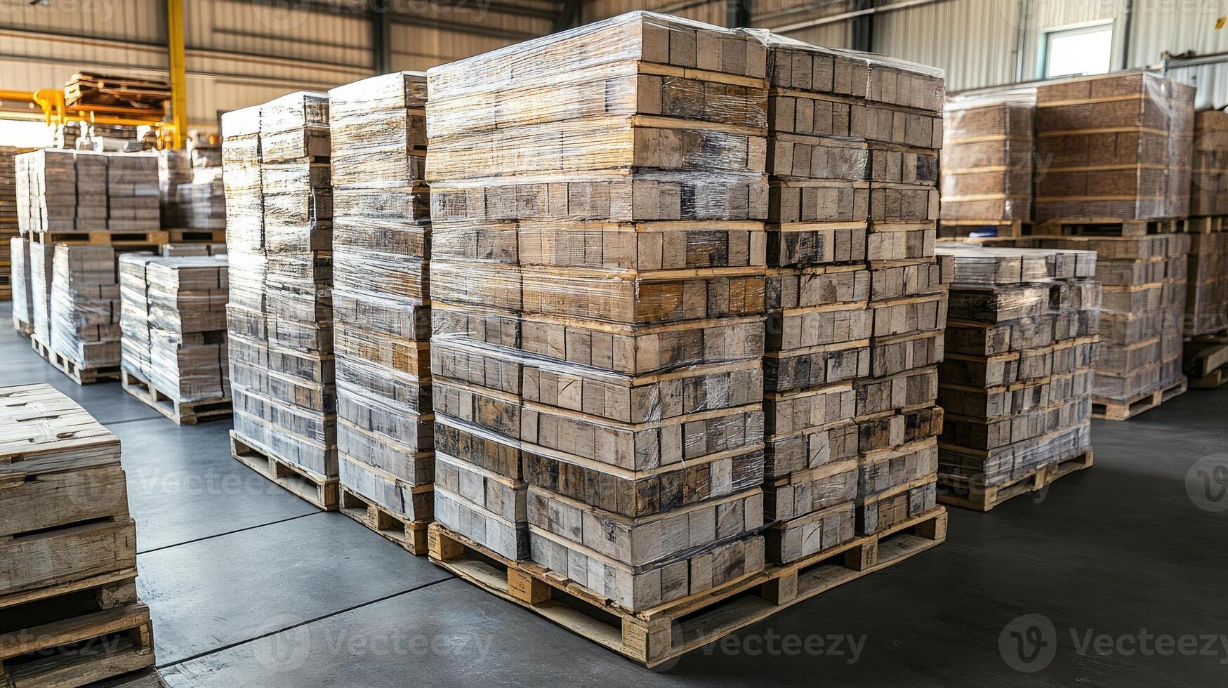 Wooden planks wrapped in plastic resting on pallets in warehouse photo
