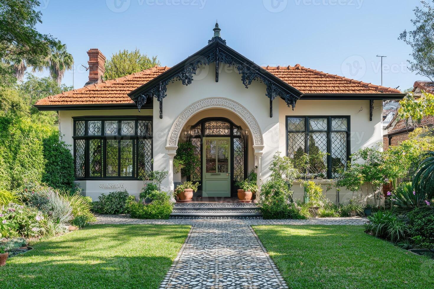 Elegant victorian house with lush garden and mosaic path on sunny day photo