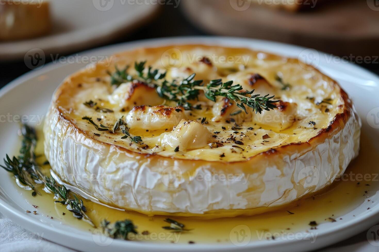 Delicious baked camembert cheese with honey and thyme on white plate photo