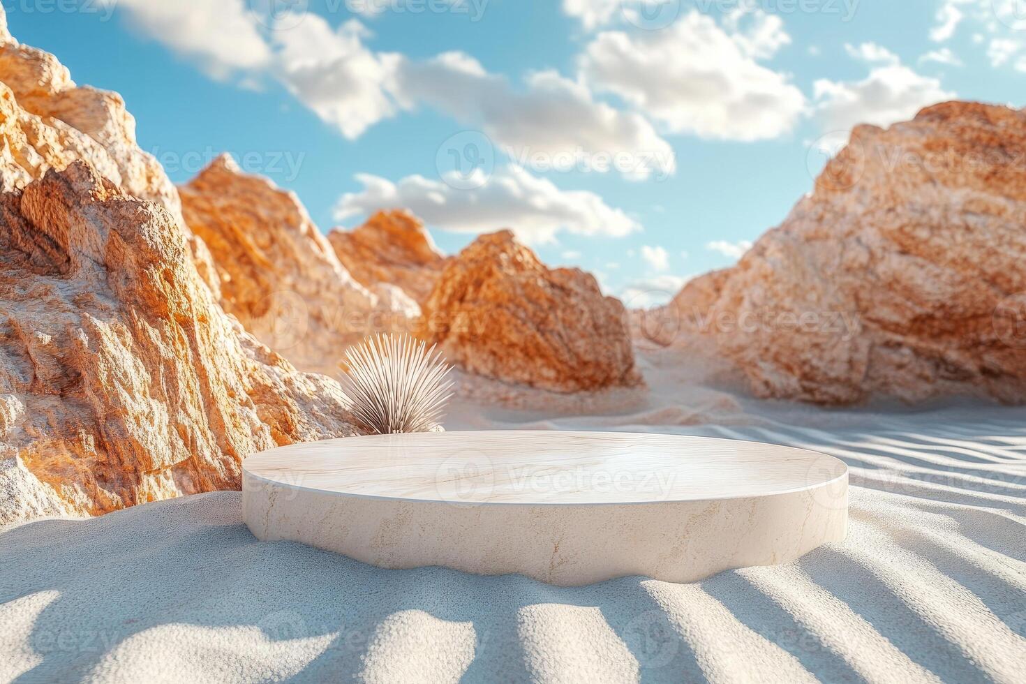 Minimalist stone platform in desert landscape.. photo