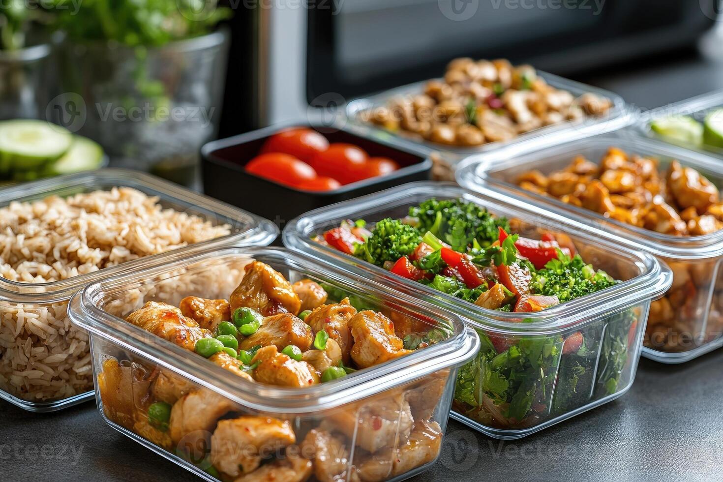 Meal prepping containers filled with delicious healthy food including chicken, broccoli and rice photo