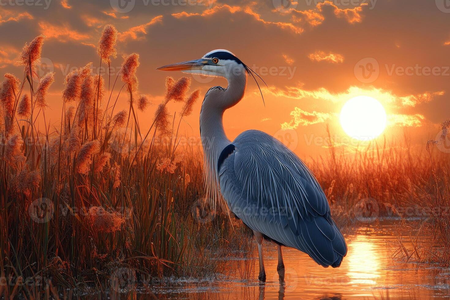 Great blue heron standing in marshland at sunset photo