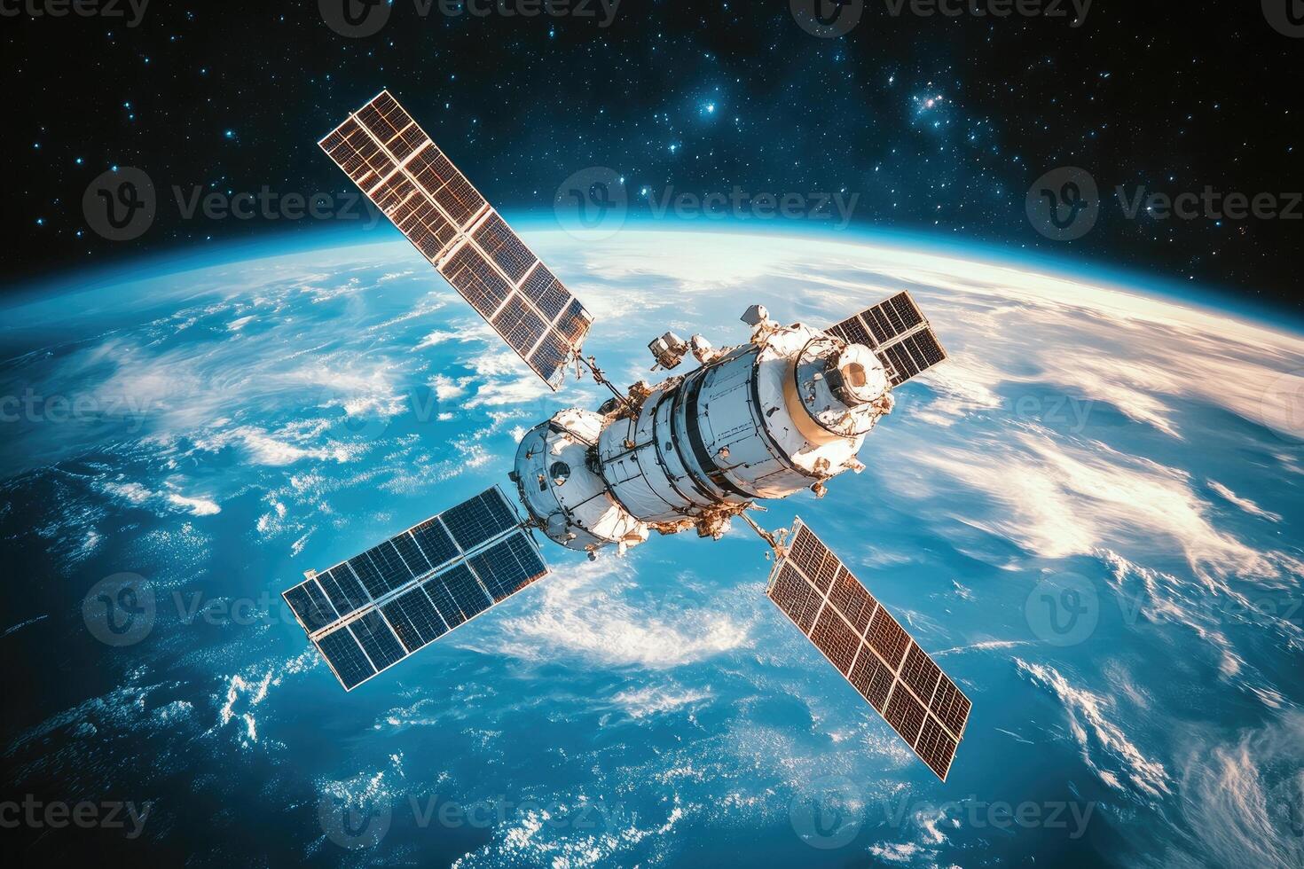 Space station orbiting earth with solar panels deployed in space photo