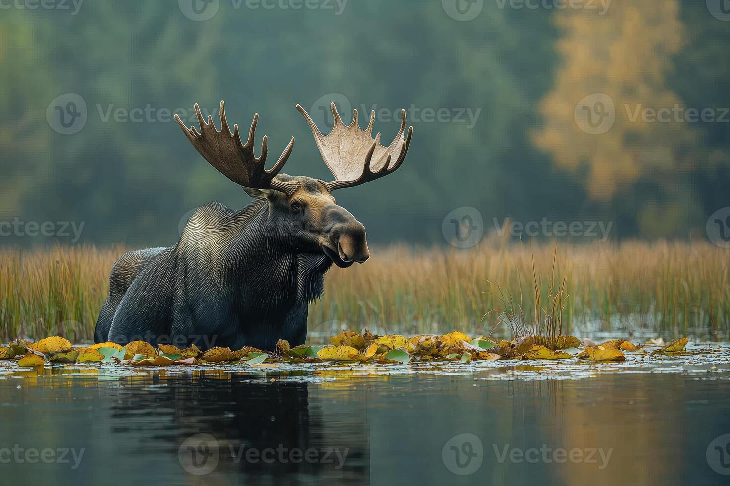 Large bull moose cooling down in pond on summer day photo