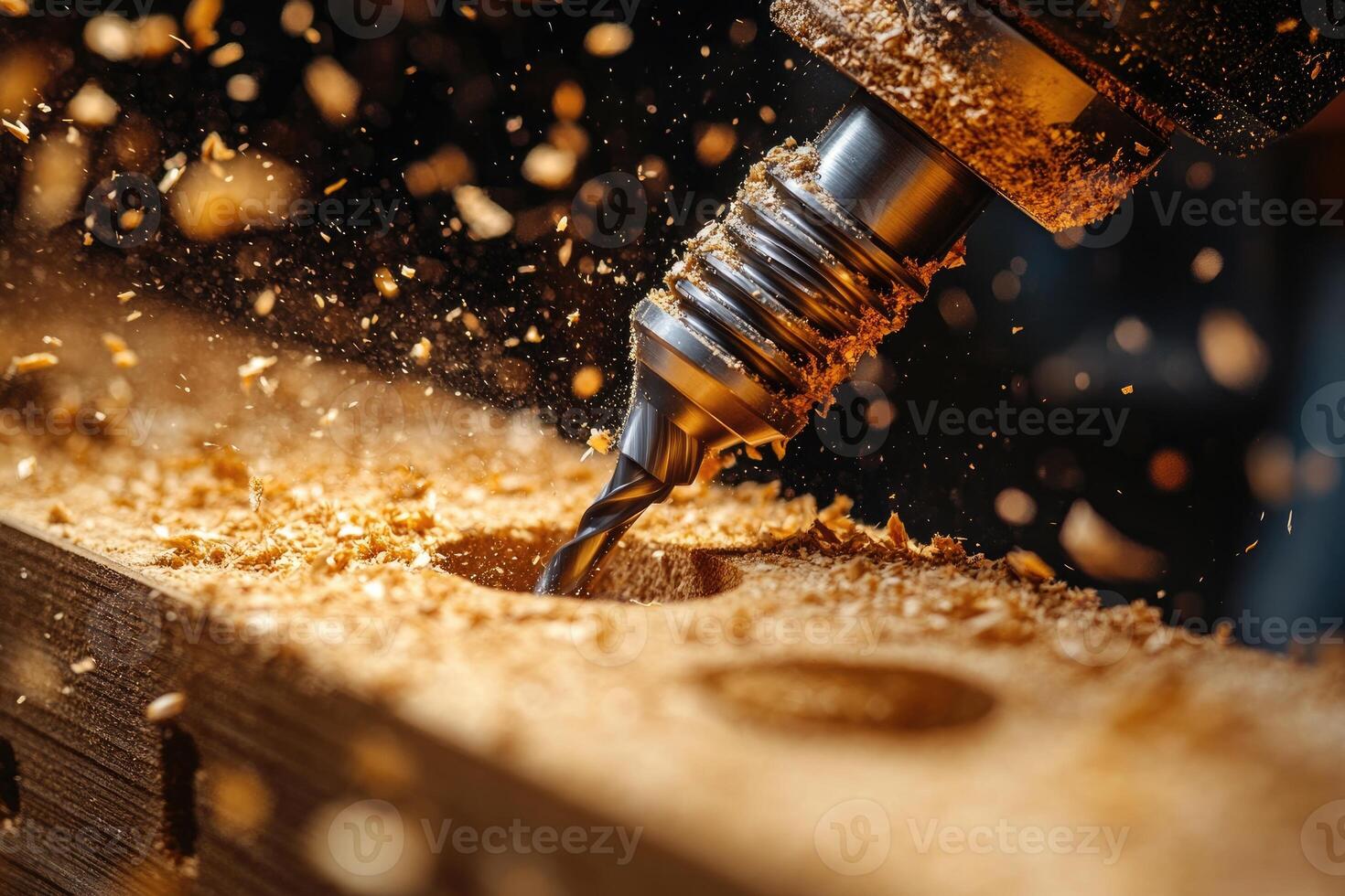 Drill bit cutting wood with flying sawdust.. photo