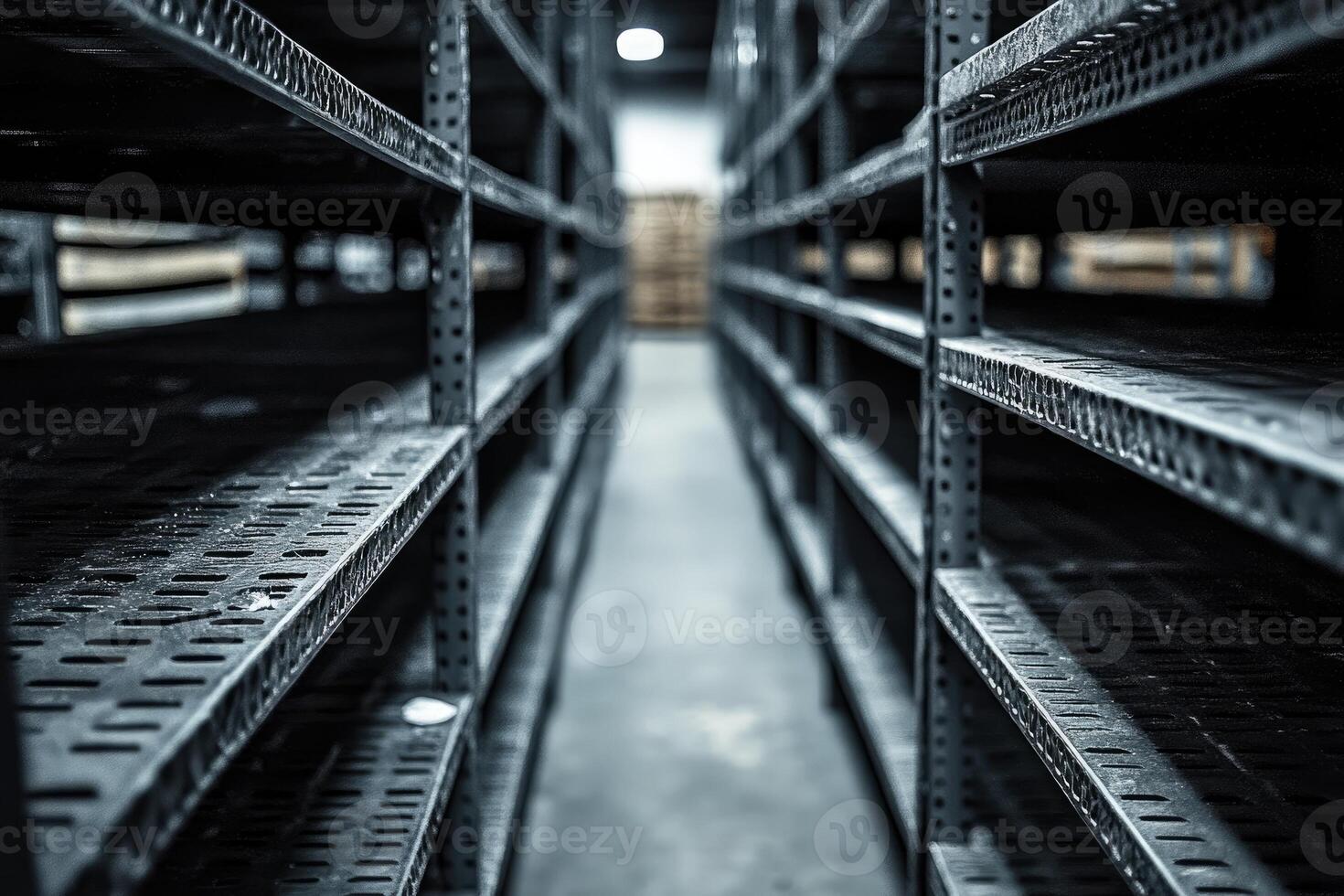 Empty metal shelves standing in dark warehouse corridor photo