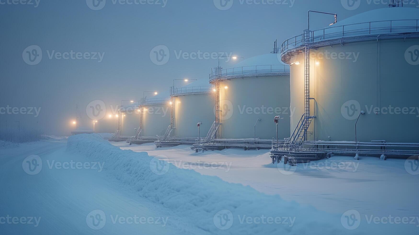 Oil storage tanks illuminated at night in winter landscape photo