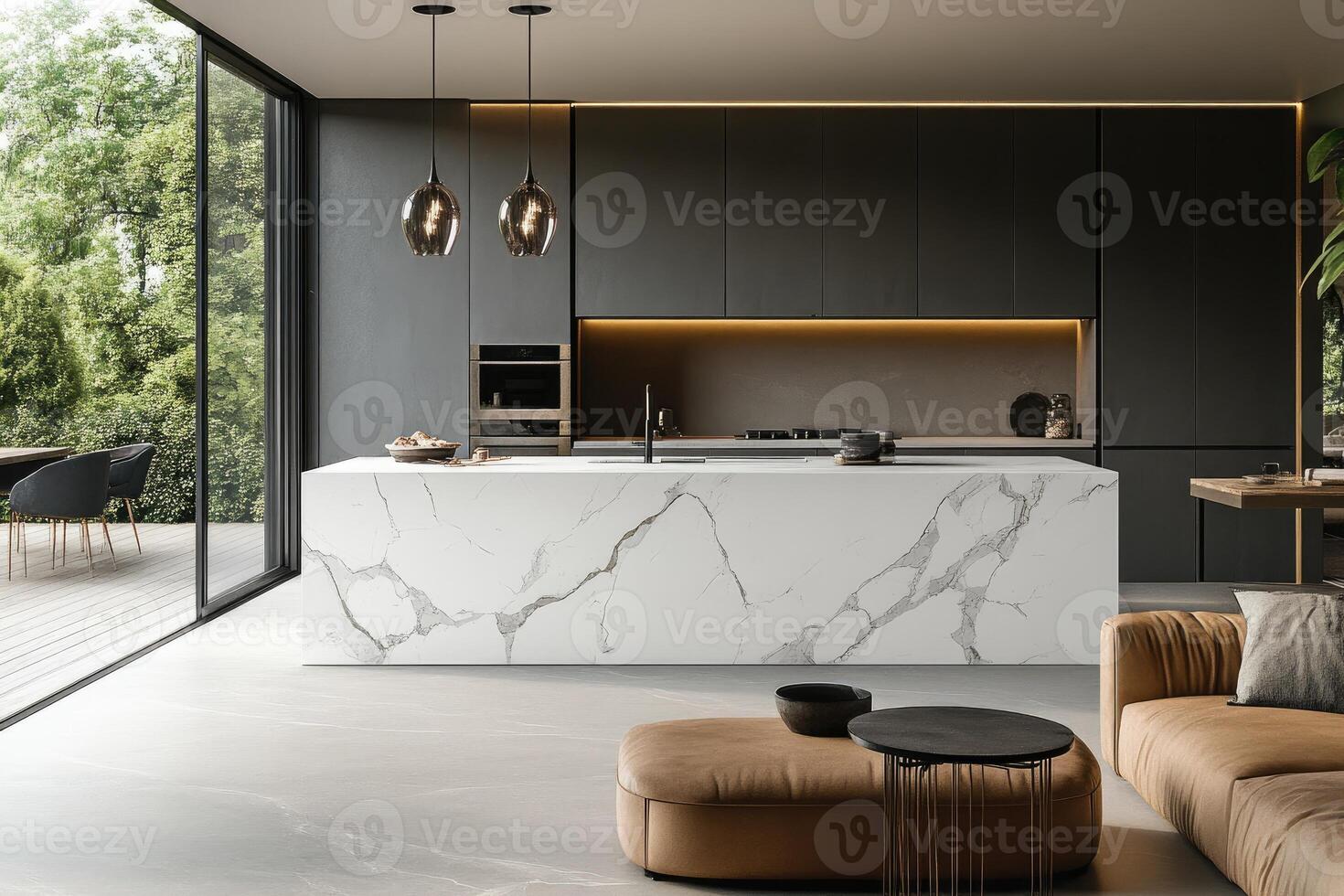 Modern open plan kitchen with island featuring marble countertop and patio access photo