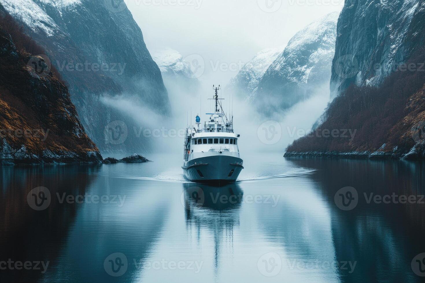 Expedition yacht sailing in norwegian fjord with snowy mountains in background. photo