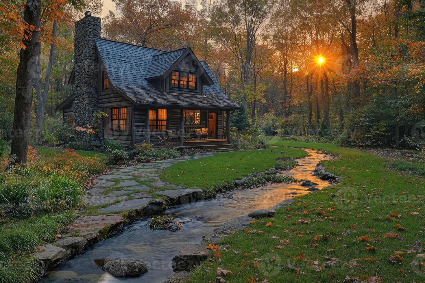 Log cabin setting sun illuminating forest stream at dusk in autumn photo