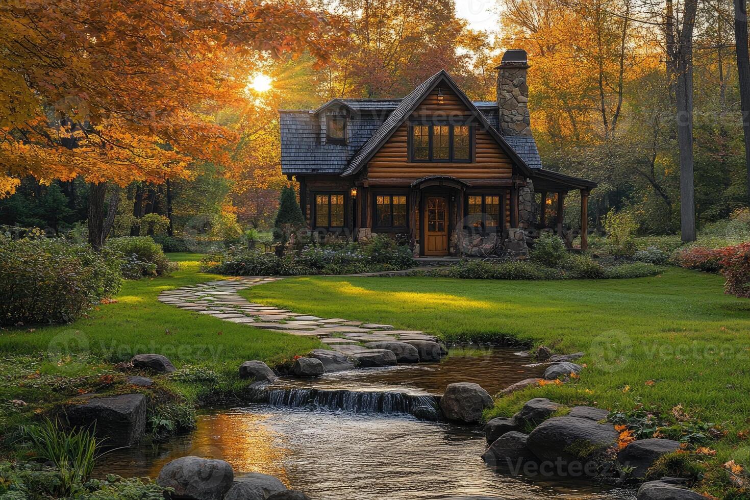 Cozy log cabin nestled in autumn forest with flowing stream at sunset photo
