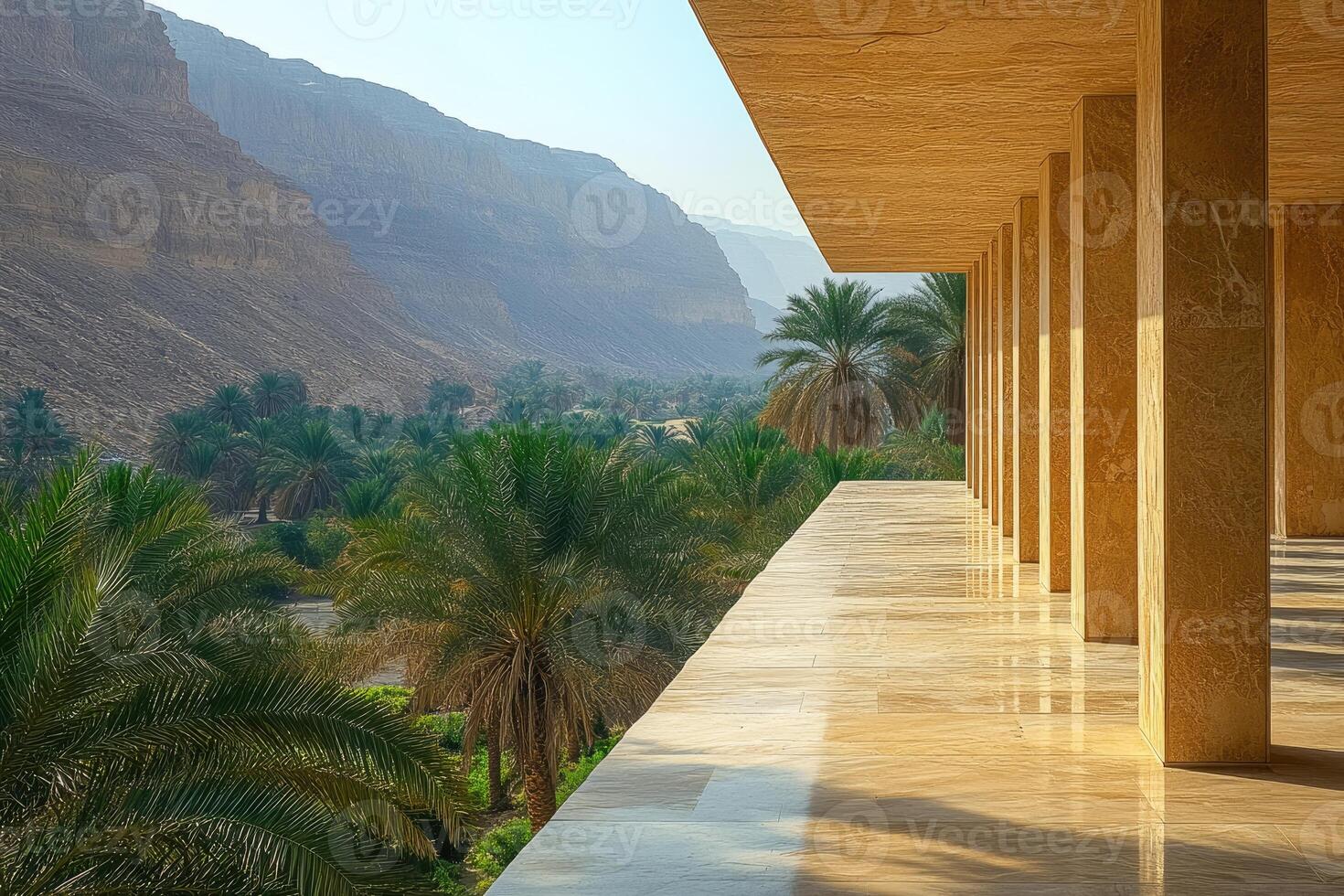 Modern architecture meeting nature in desert oasis with palm trees photo
