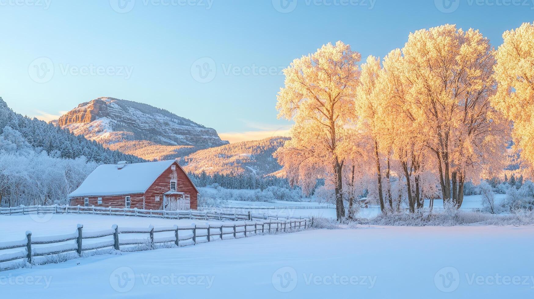 Snow-covered barn and trees in winter sunrise. photo