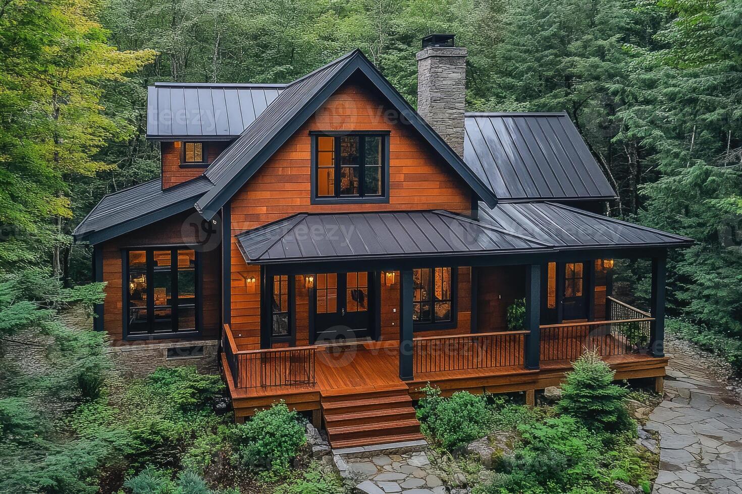 Modern a-frame cabin nestled in lush forest at dusk. photo