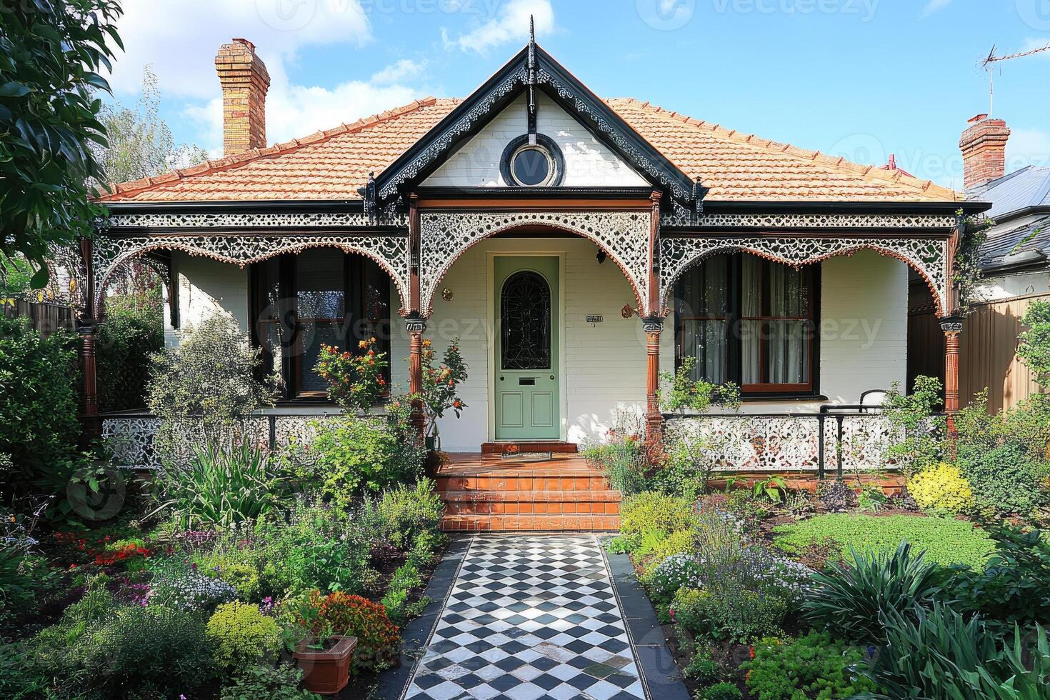 Charming victorian house with checkered pathway and lush garden photo