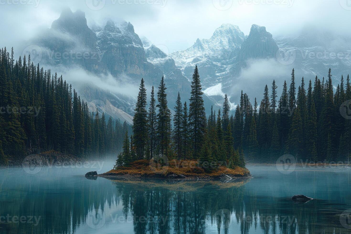 Spirit island reflecting on moraine lake in banff national park during a misty morning. photo