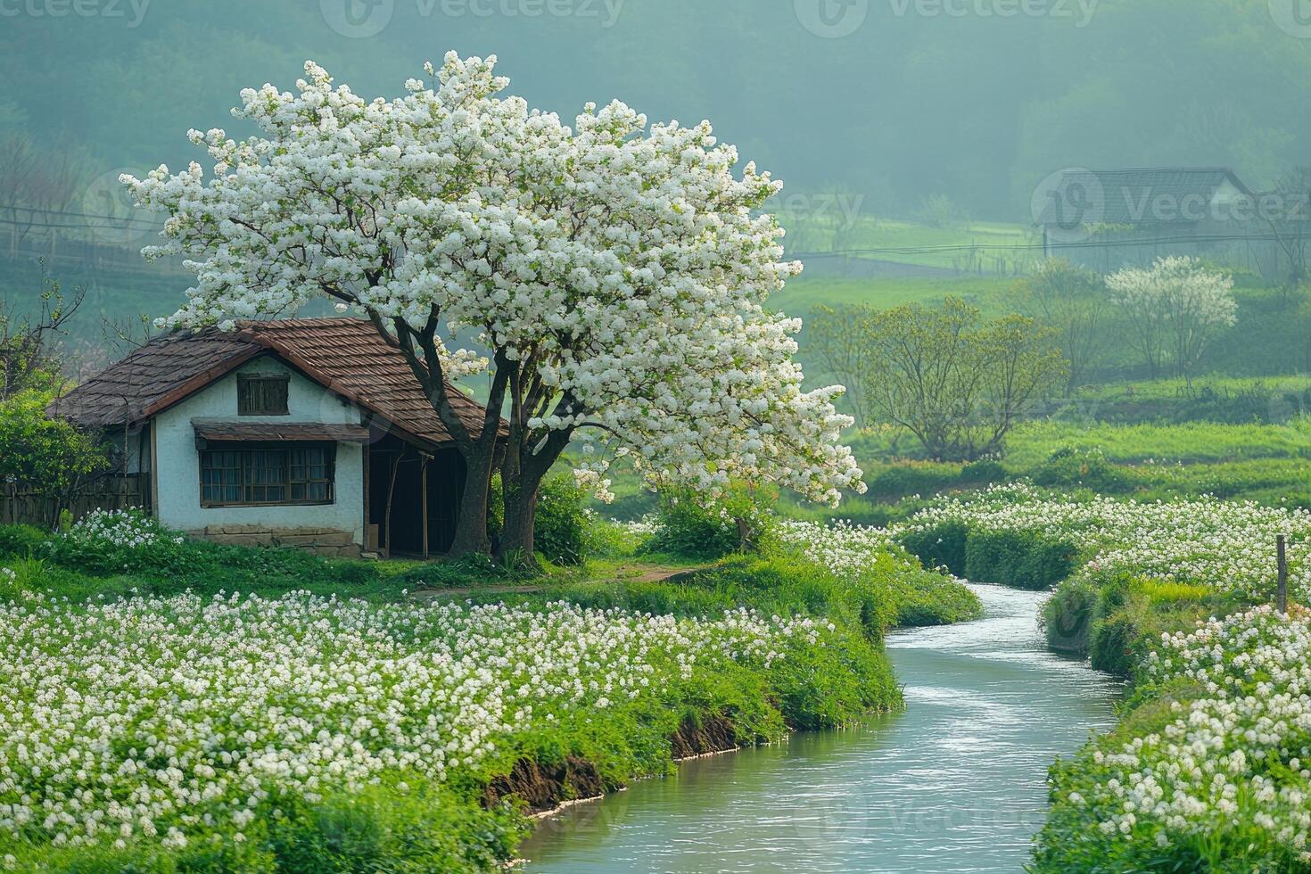 Blooming cherry tree near small house photo
