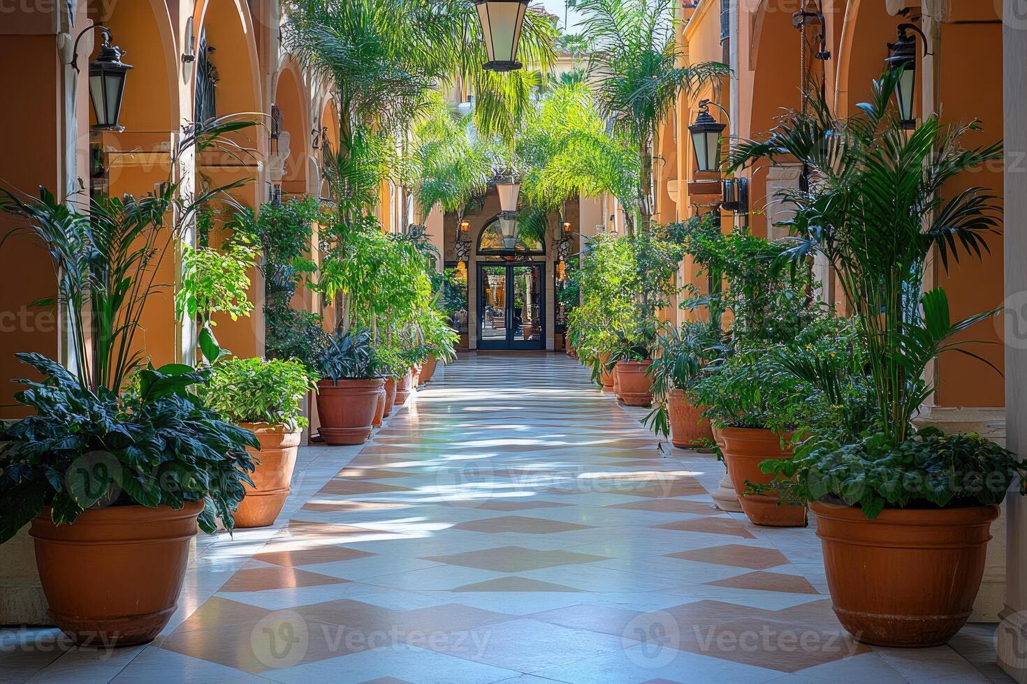 Elegant colonnade with potted plants leading to entrance photo