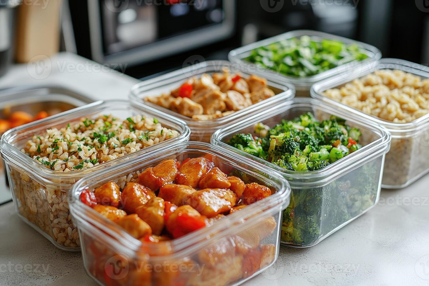 Meal prepping containers filled with delicious healthy food including chicken, broccoli and rice. photo