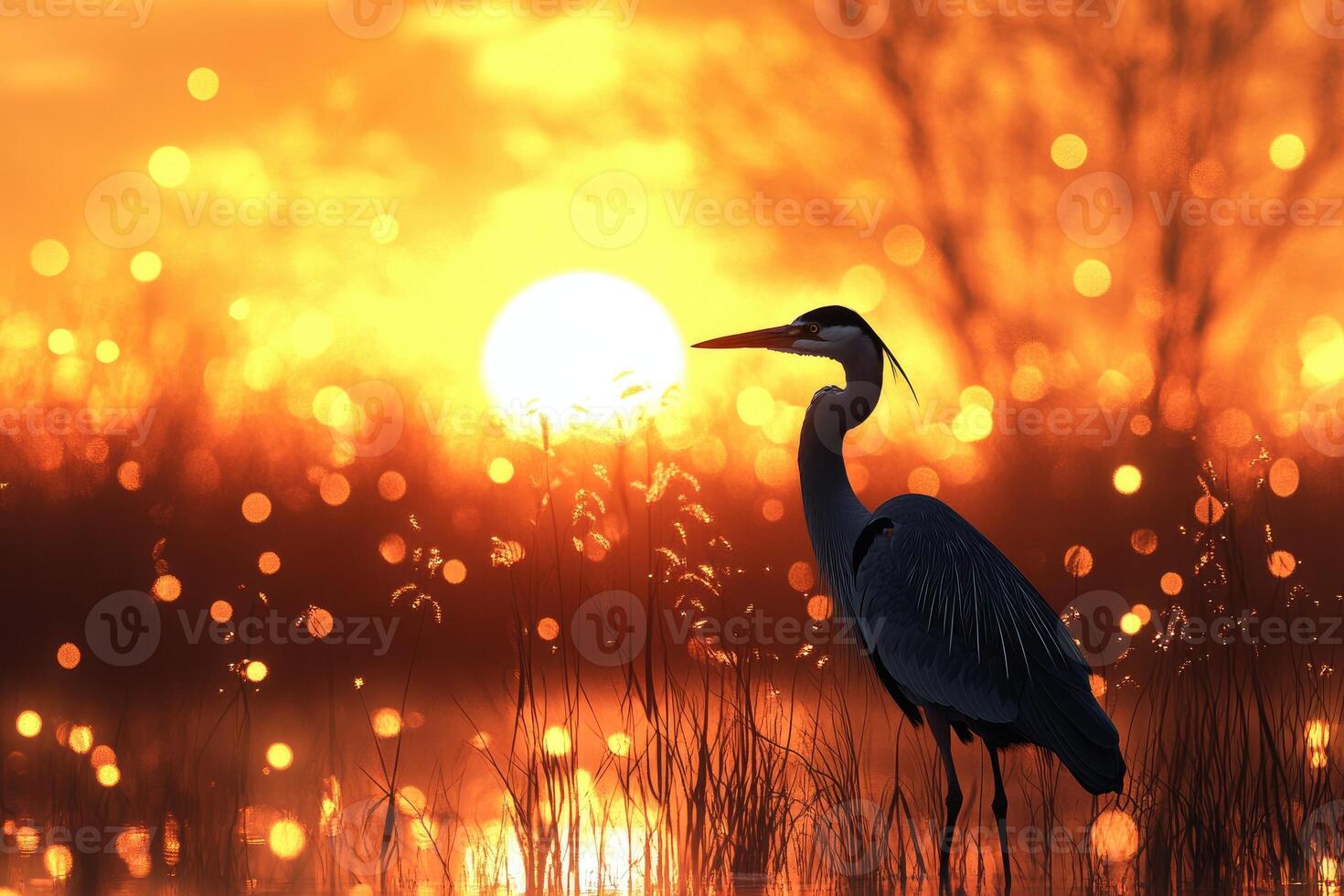 Great blue heron standing in marshland at sunset. photo