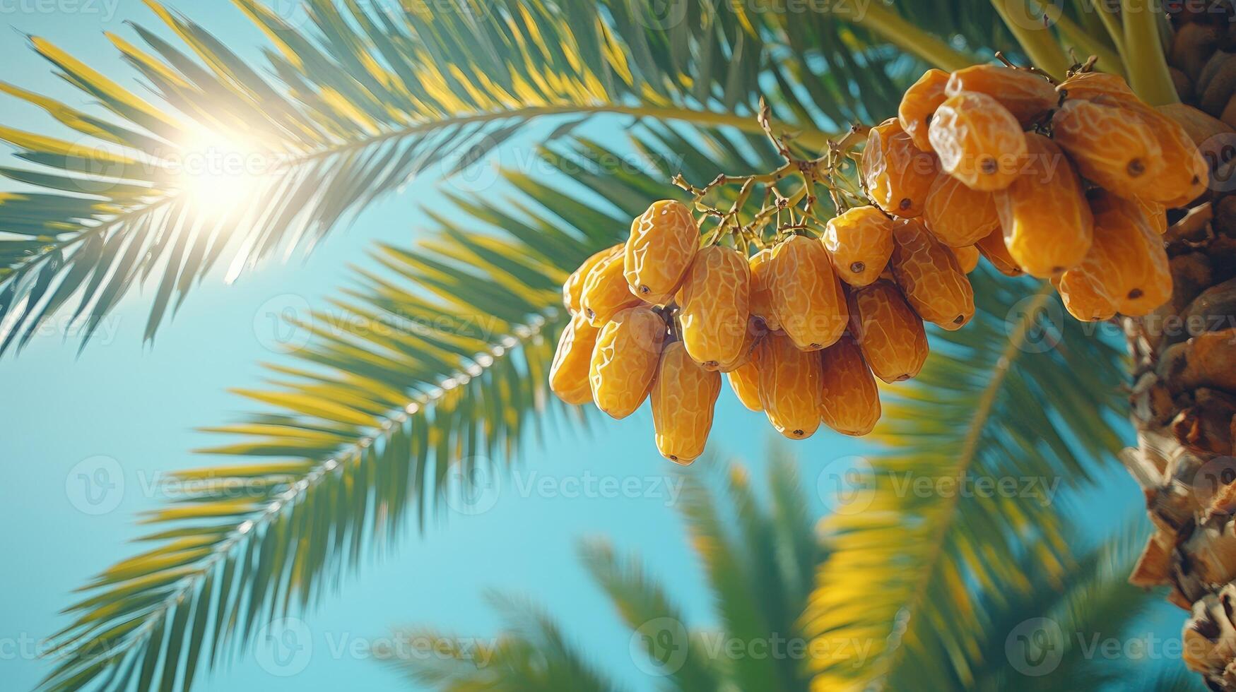 Bunch of yellow dates hanging from palm tree photo
