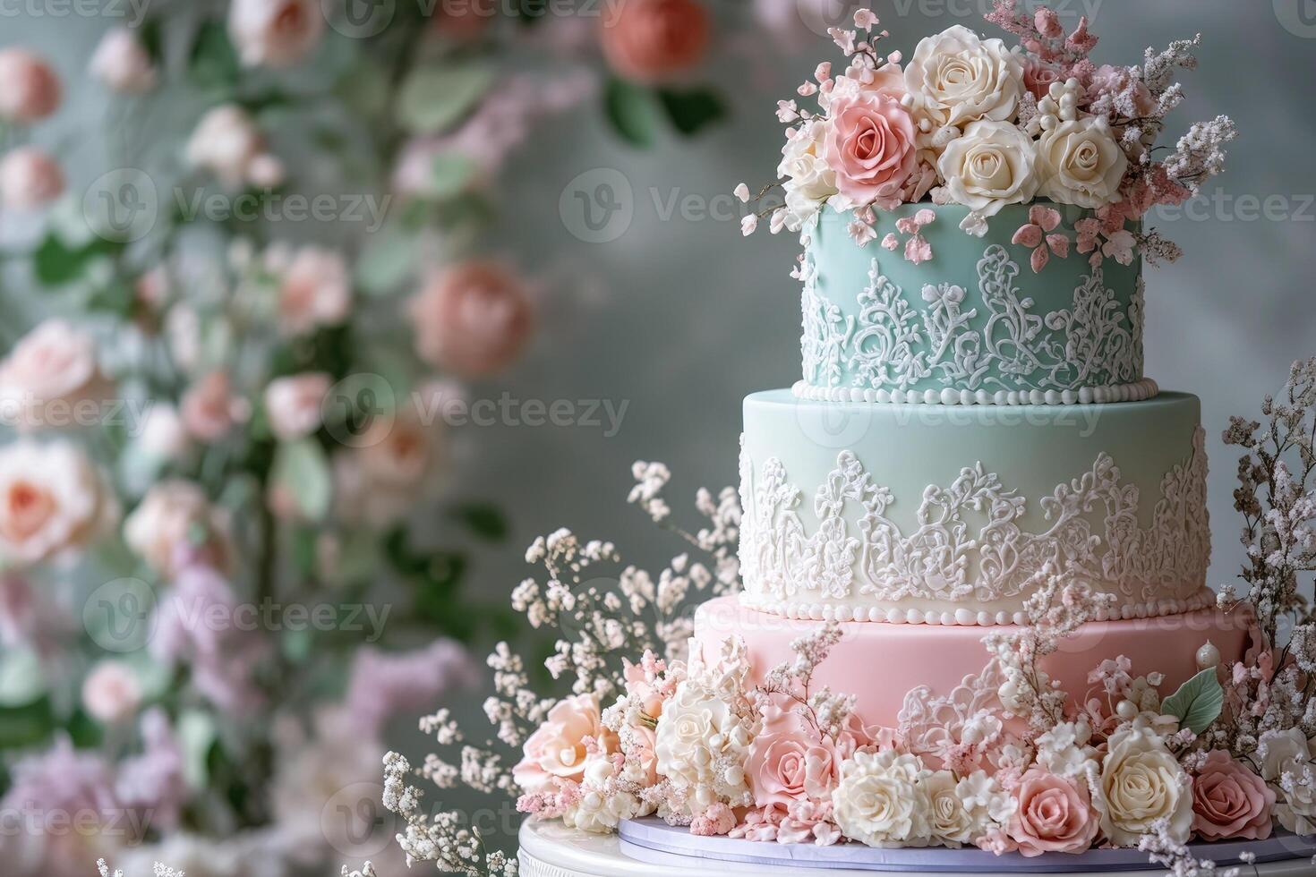 Delicious wedding cake decorated with beautiful flowers and icing lace. photo