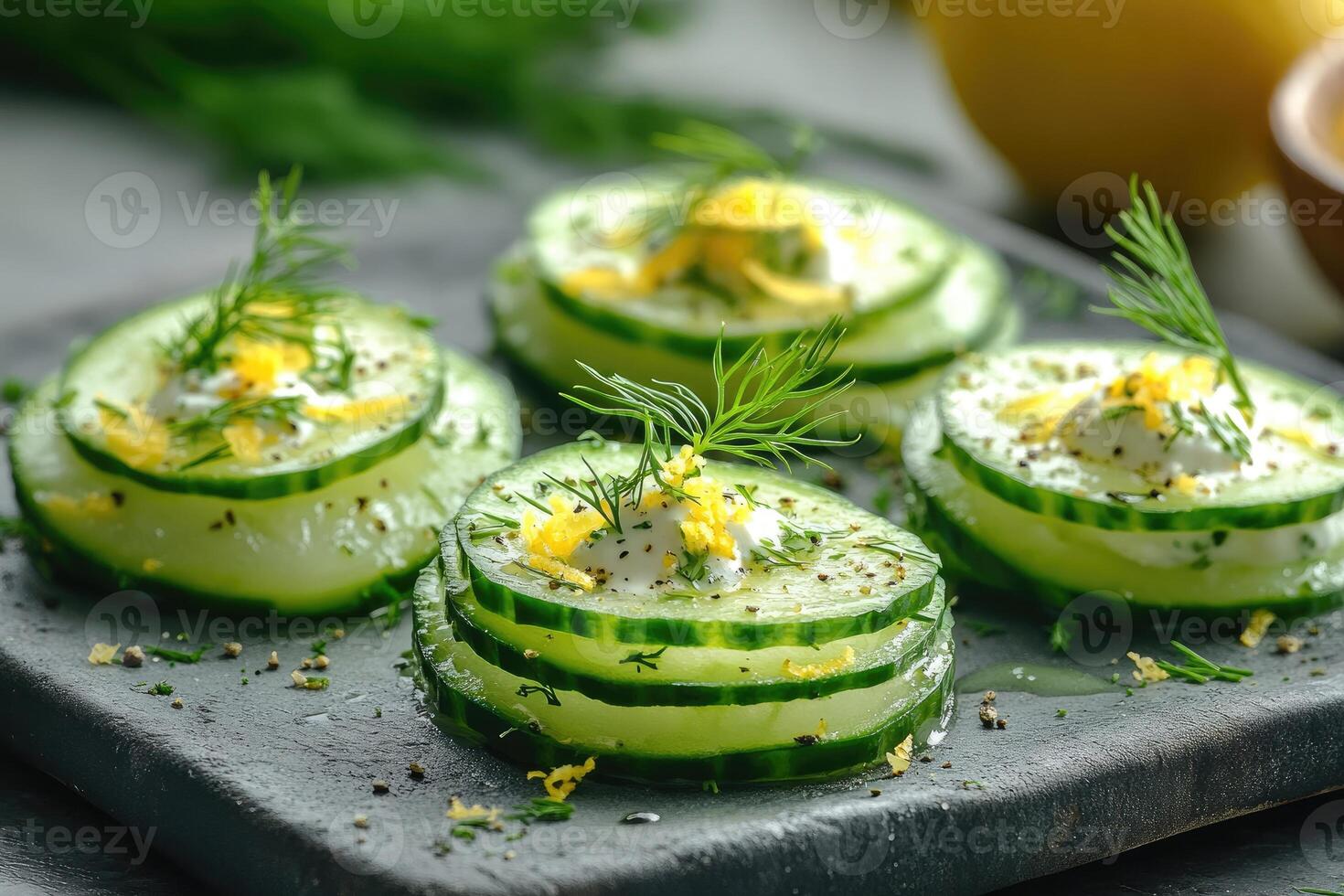 Cucumber appetizer bites with dill, yogurt photo