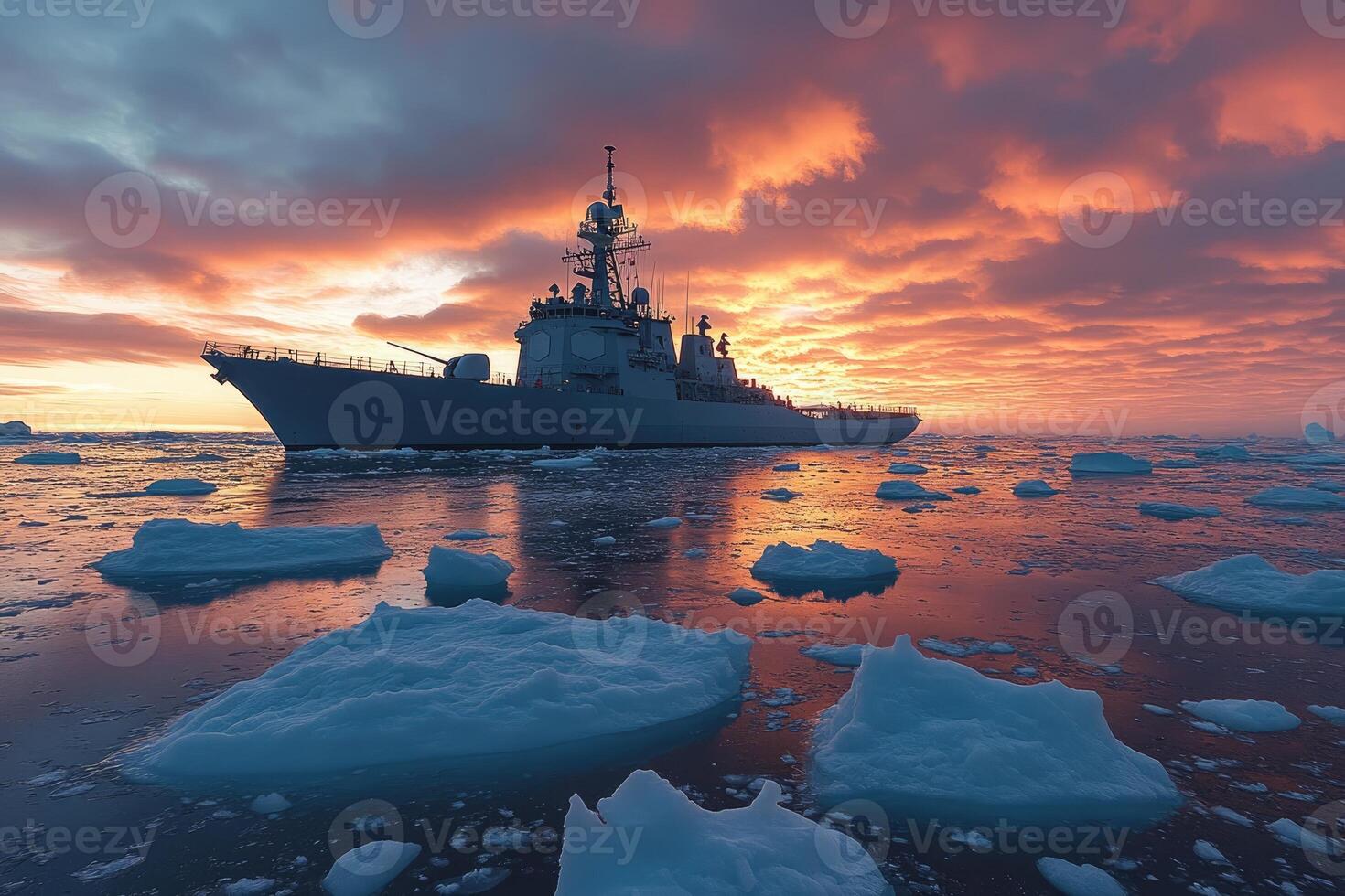 Warship navigating icy waters at sunset in the arctic ocean.. photo