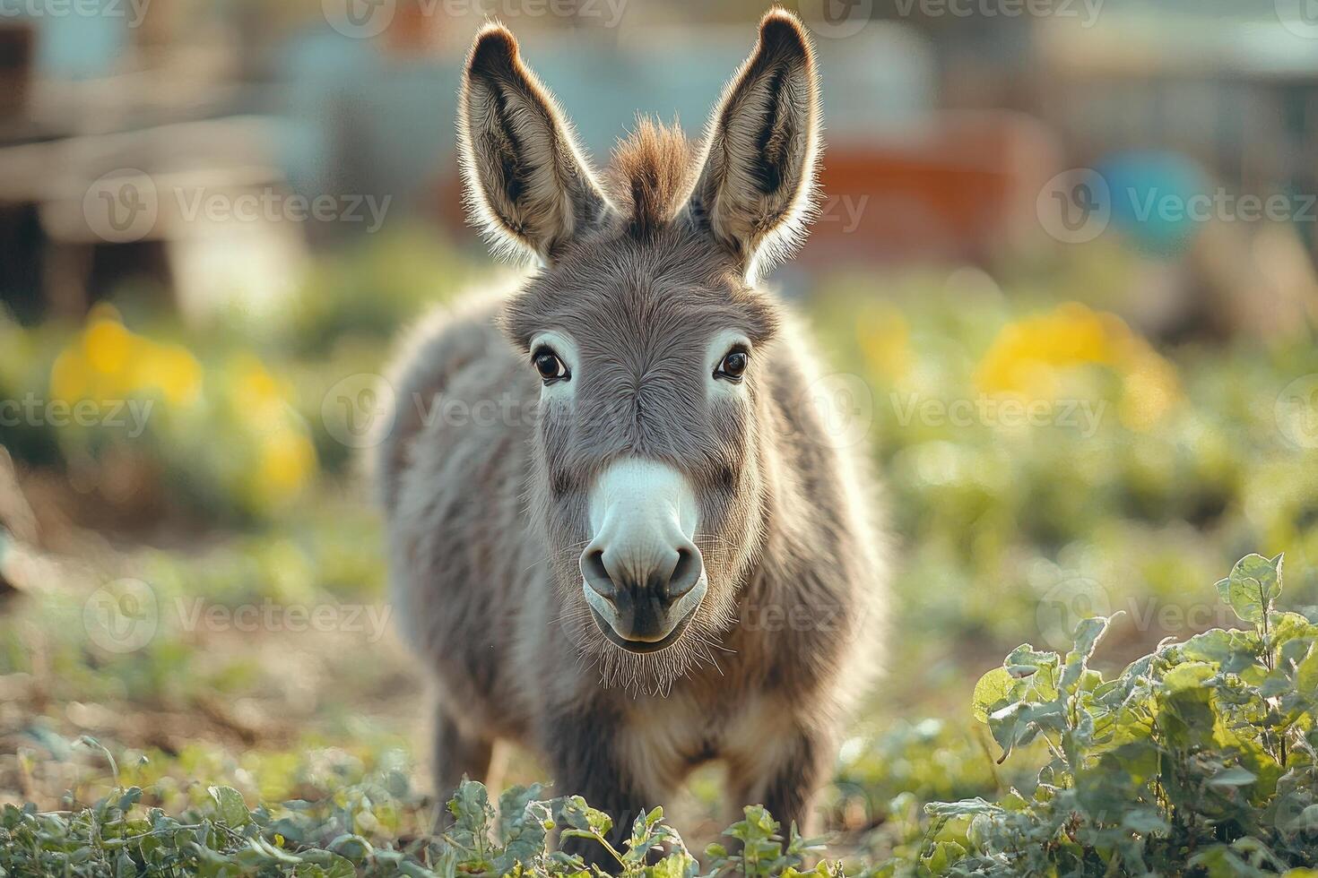 Donkey standing in the grass and looking forward photo