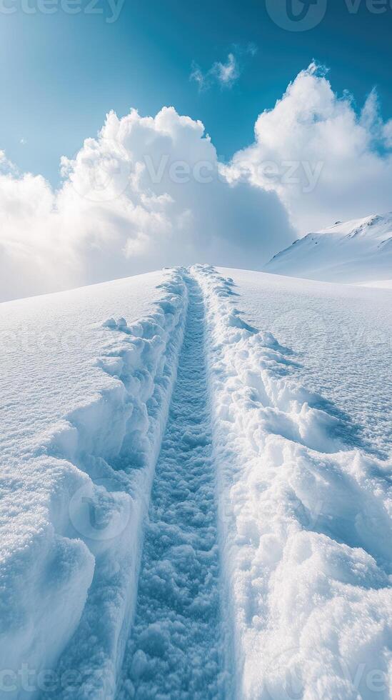 Snowy path leading through pristine winter landscape. photo