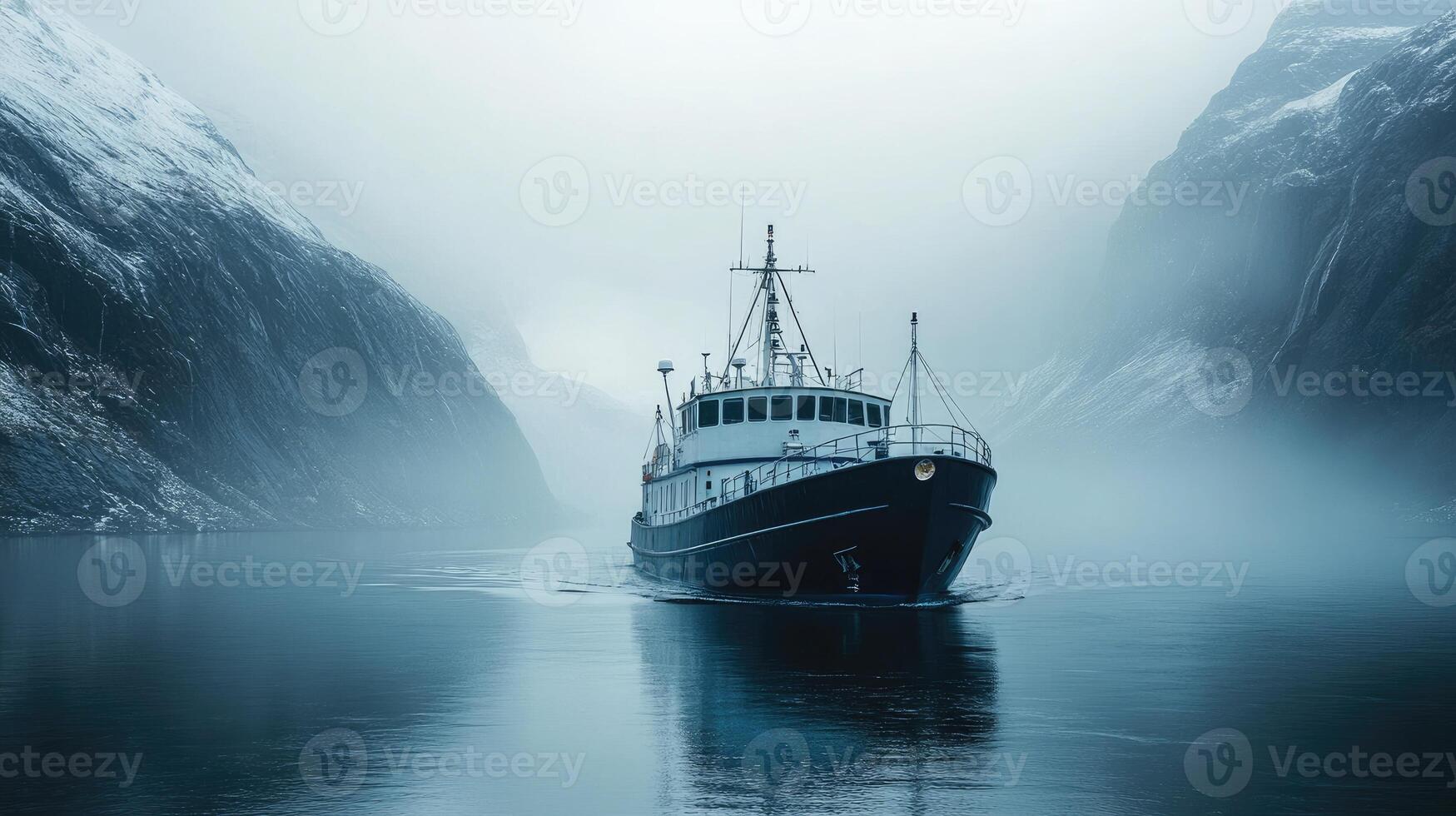 Fishing boat navigating through misty fjord in norway, winter scenery photo