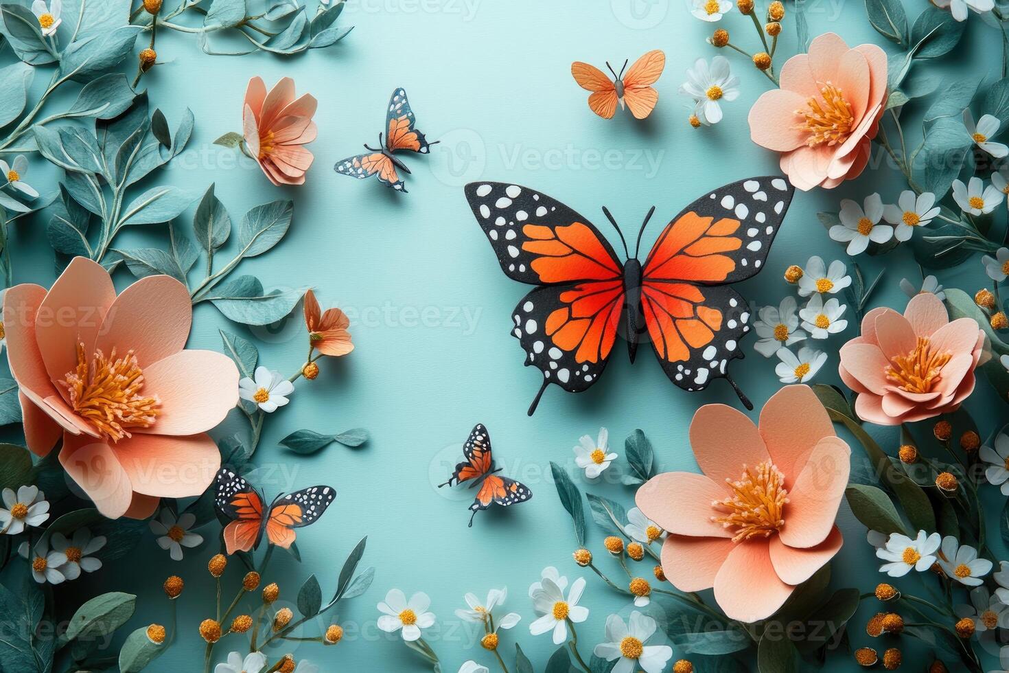 Monarch butterfly and paper flowers creating a spring scene photo