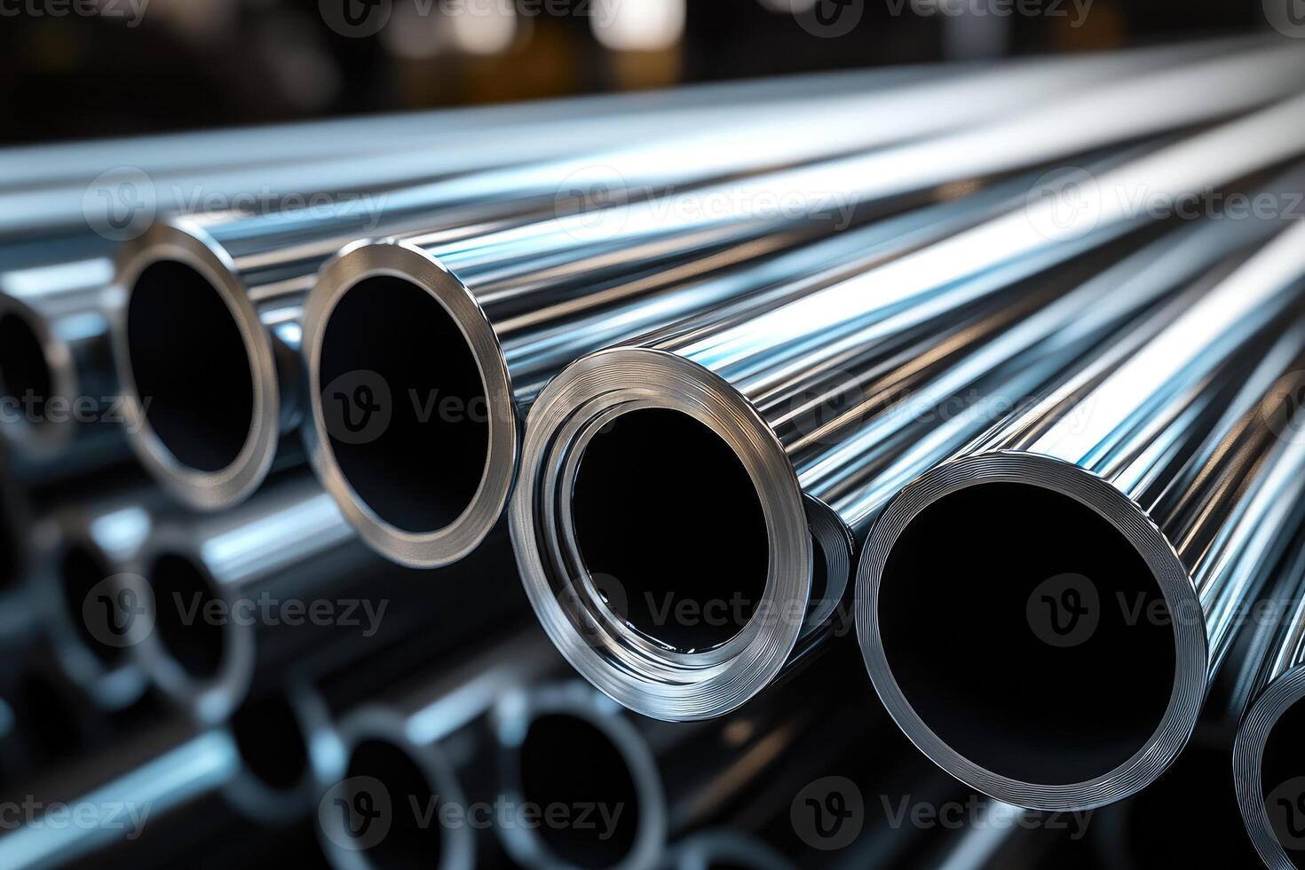 Stack of industrial steel pipes showing inner and outer surfaces photo