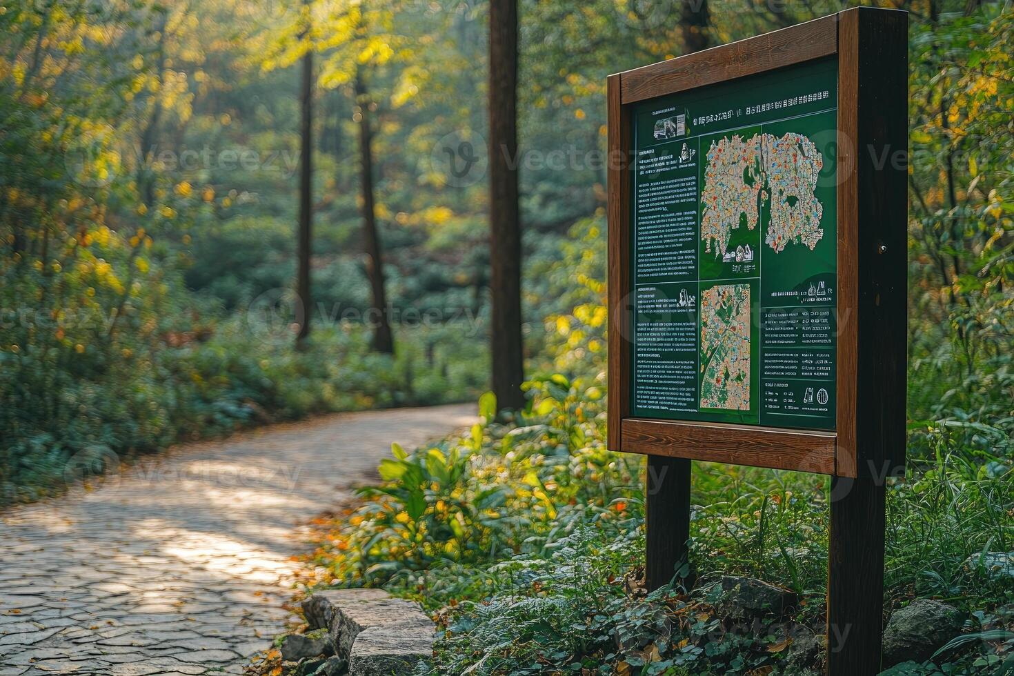 Information board showing hiking trails map in a peaceful forest path photo