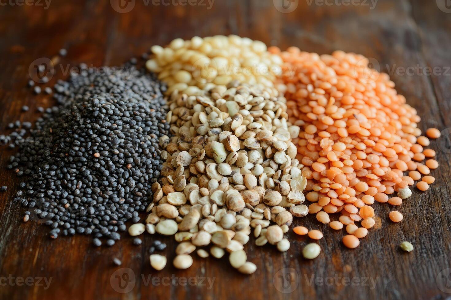 Various legumes resting on rustic wooden table photo
