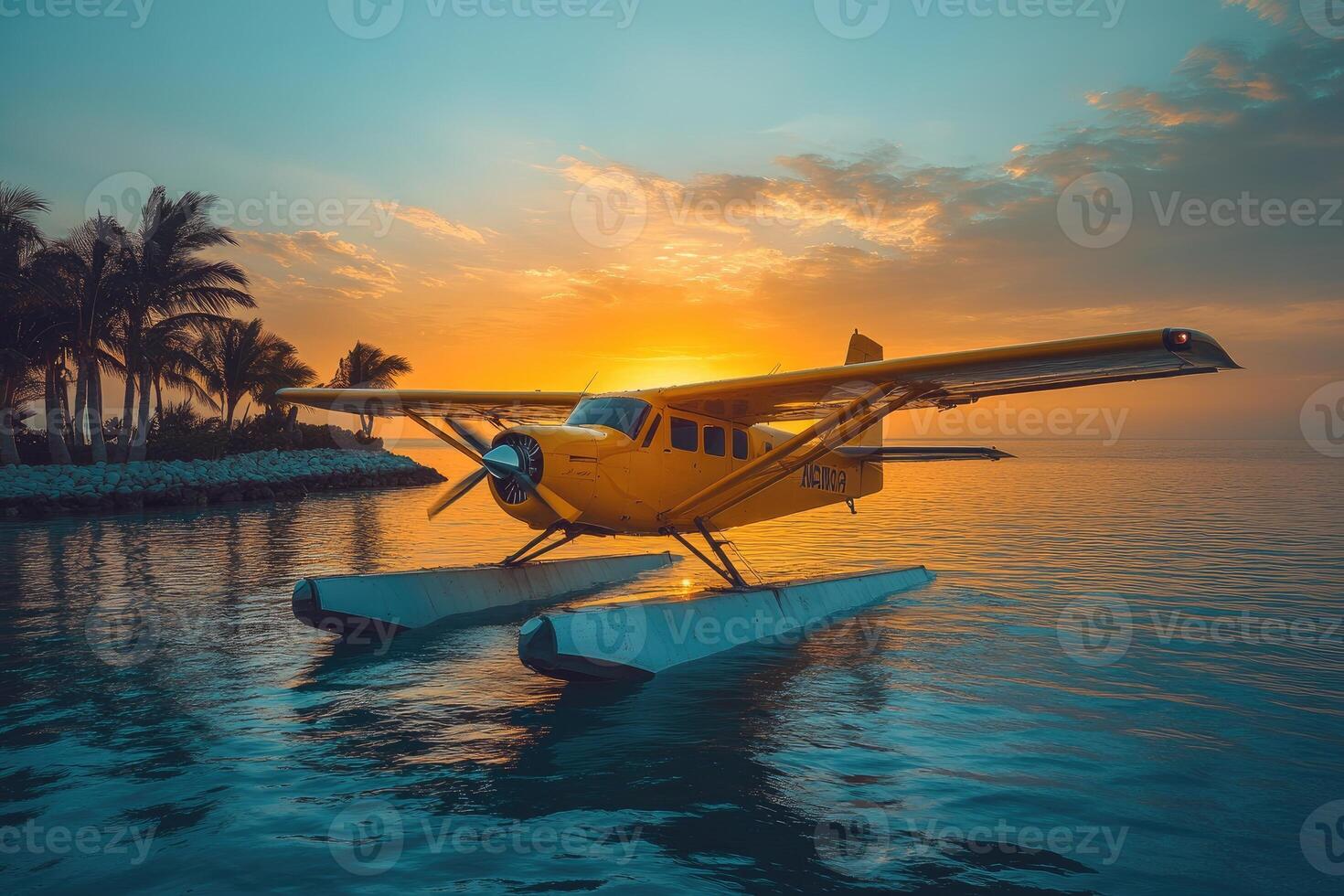 Yellow seaplane floating on turquoise water near tropical island at sunset.. photo