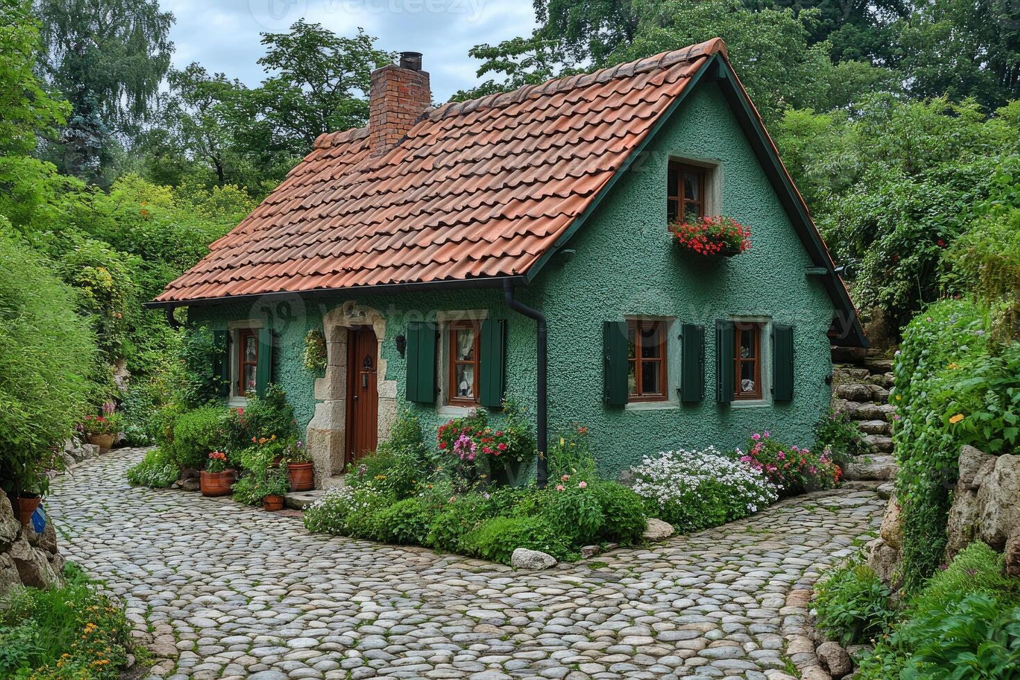 Charming cobblestone alley with colorful houses and lush greenery in szentendre, hungary. photo