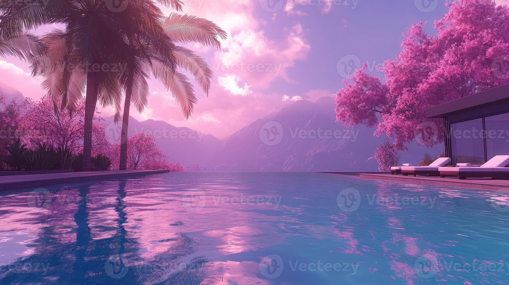 Infinity pool reflecting pink sunset with palm trees and cherry blossoms photo