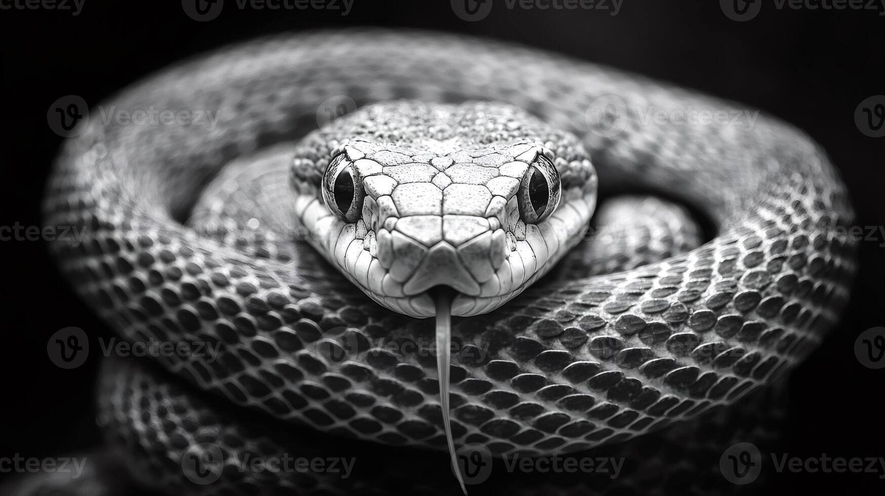 Coiled snake showing forked tongue in black and white photo