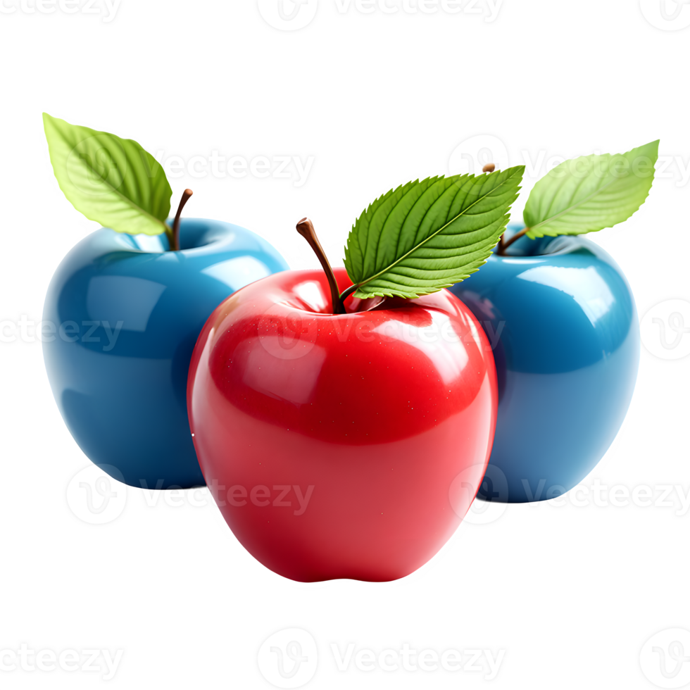 A 3D realistic a one red apple between two blue apples isolated on transparent background png