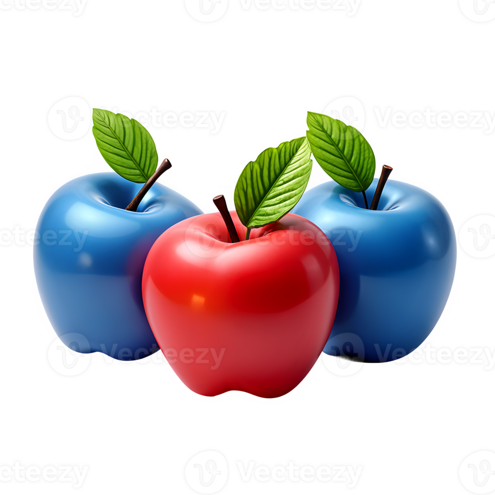 3D Red Apple Standing Out Between Two Blue Apples on Transparent Background png