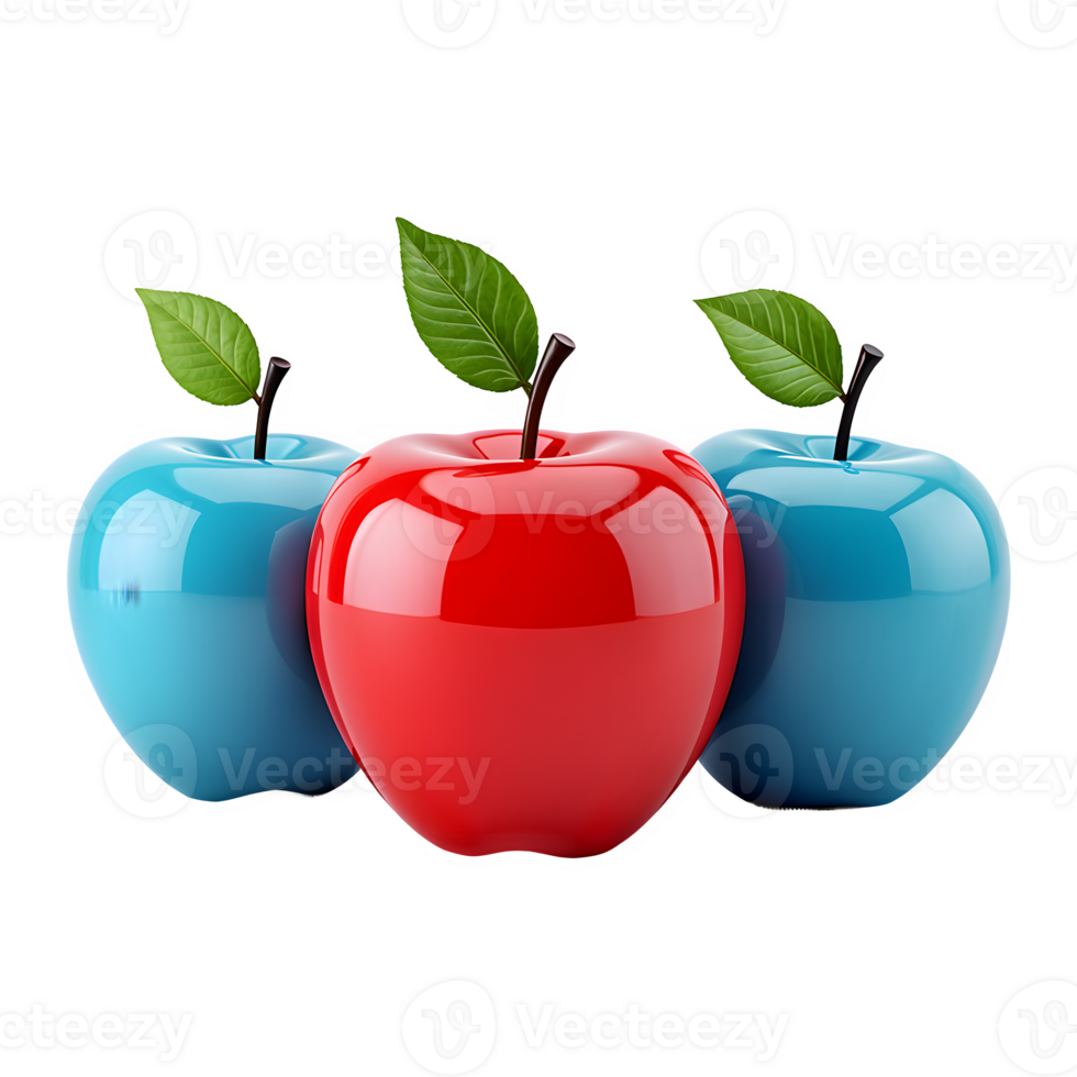 Unique Red Apple Among Blue Apples 3D Render with Transparent Background png