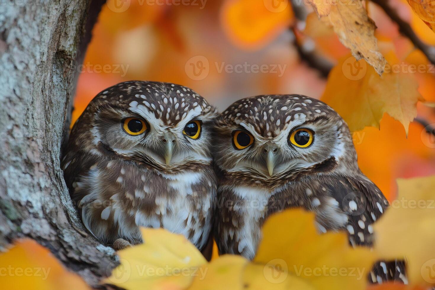 Two owls relaxing among colorful autumn leaves photo